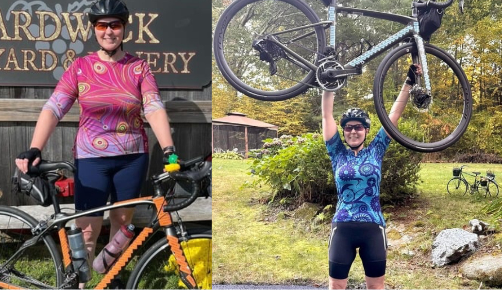 Jessica before coaching on the left and after losing 30 pounds on the right, holding her bicycle overhead.